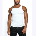 Plain black sleeveless tight-fitting vest on a hanger.