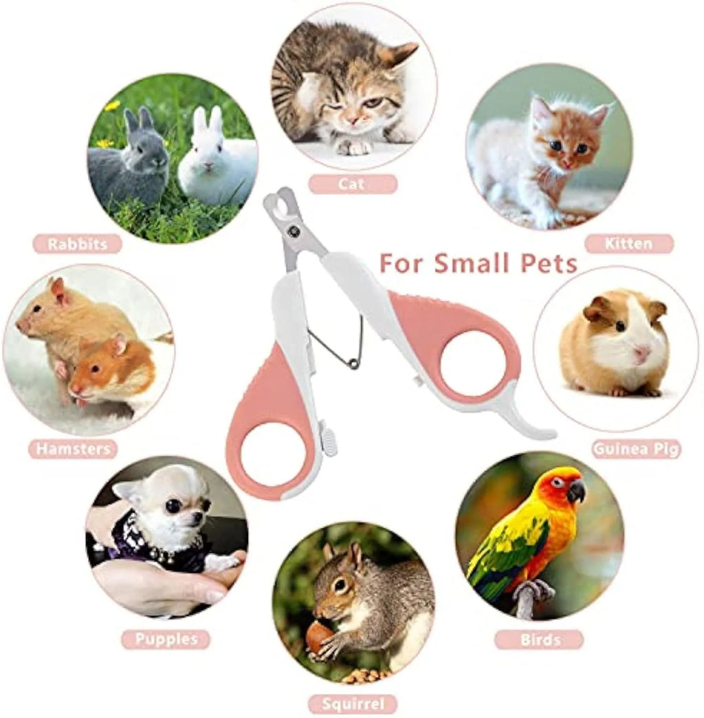 Grey and pink cat nail clippers with a safety guard and angled stainless steel blade.
