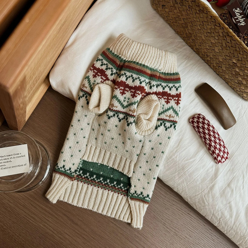 Fairisland beige dog sweater with green dots for autumn and winter wear on small to large dogs