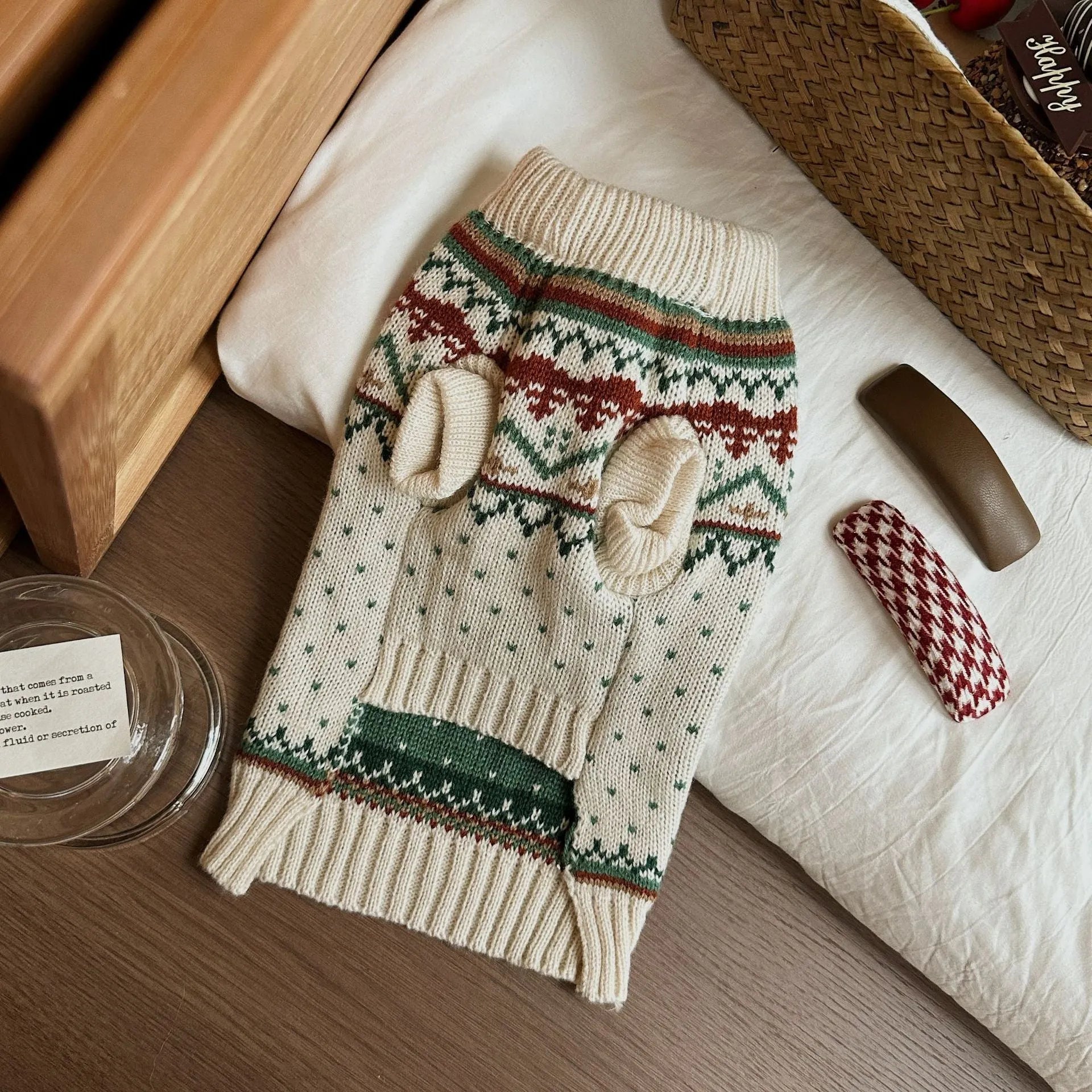 Fairisland beige dog sweater with green dots for autumn and winter wear on small to large dogs