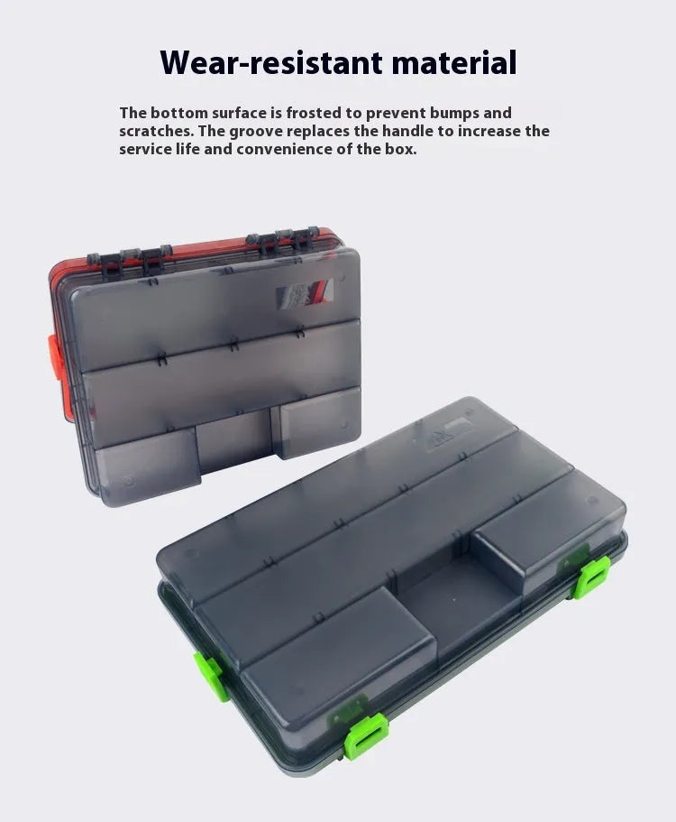 Waterproof plastic fishing lure storage box in blue, shown with internal compartments.