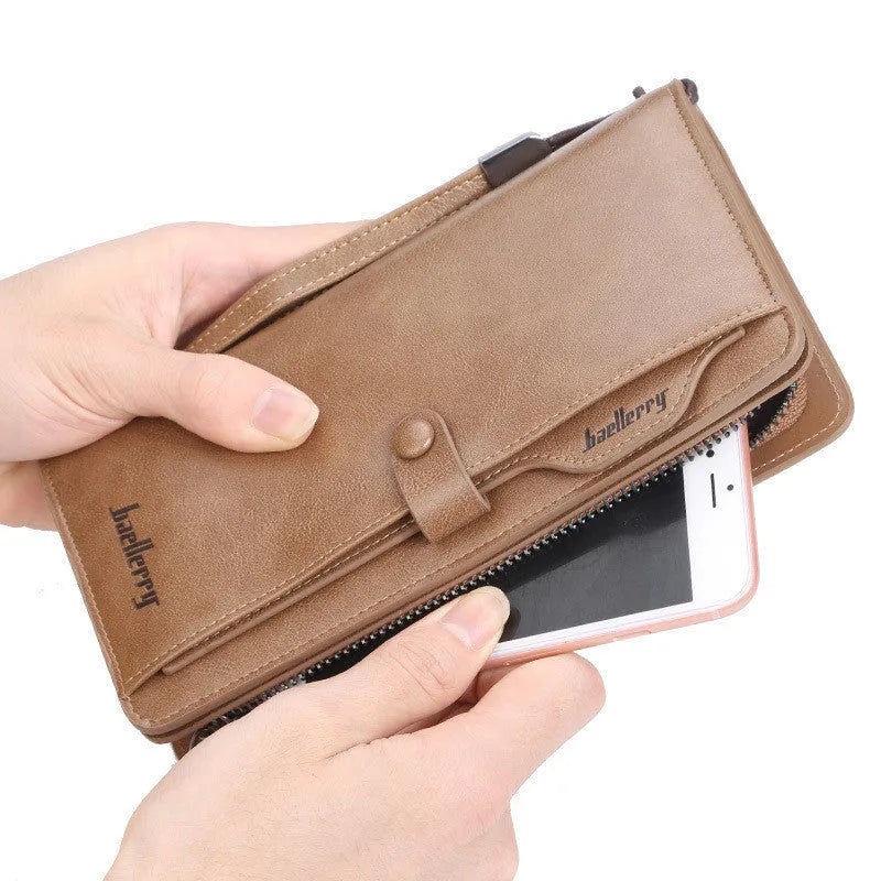 Men's retro multifunction phone bag wallet in brown PU leather with horizontal square design and multiple compartments