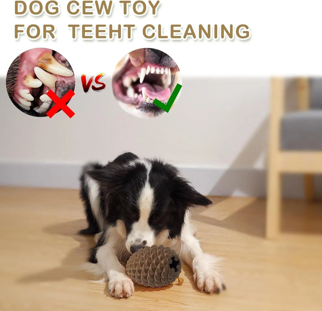 Yellow pine cone shaped natural rubber dog chew toy with treat dispensing feature