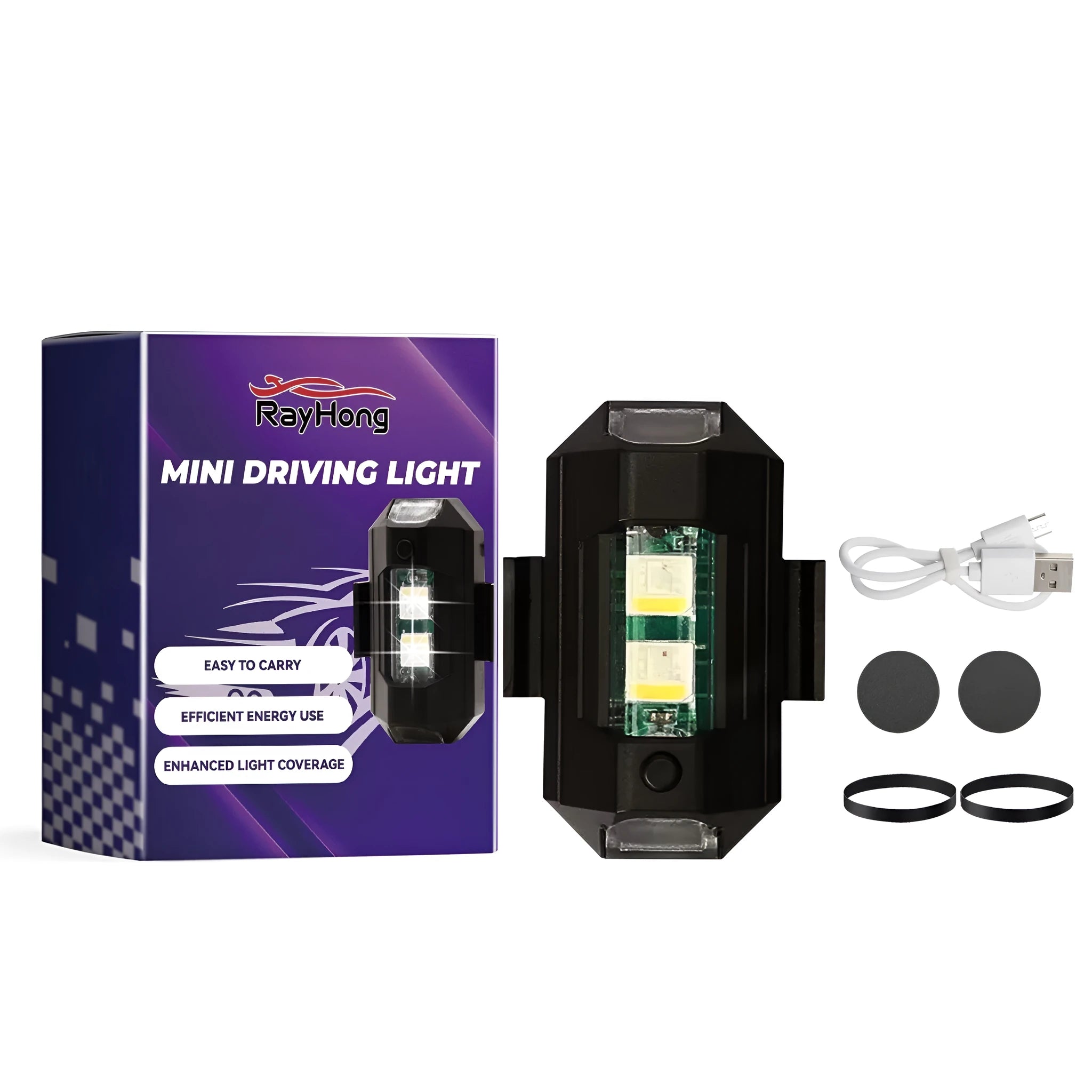 Mini Driving Light with magnetic backing and multiple mounting accessories including rubber bands and round stickers