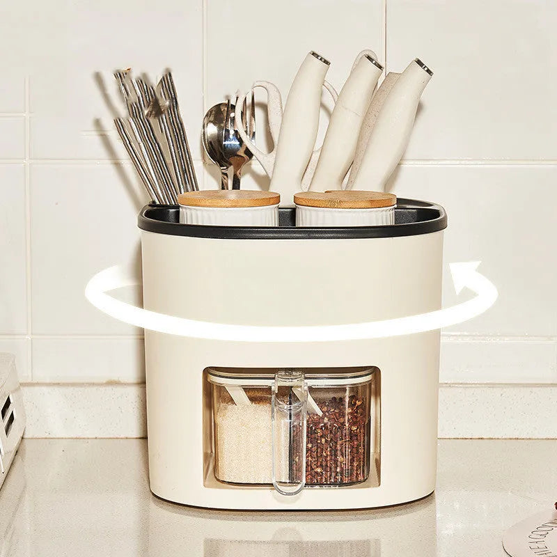 Rotating kitchen storage container with spice box organises utensils and seasonings