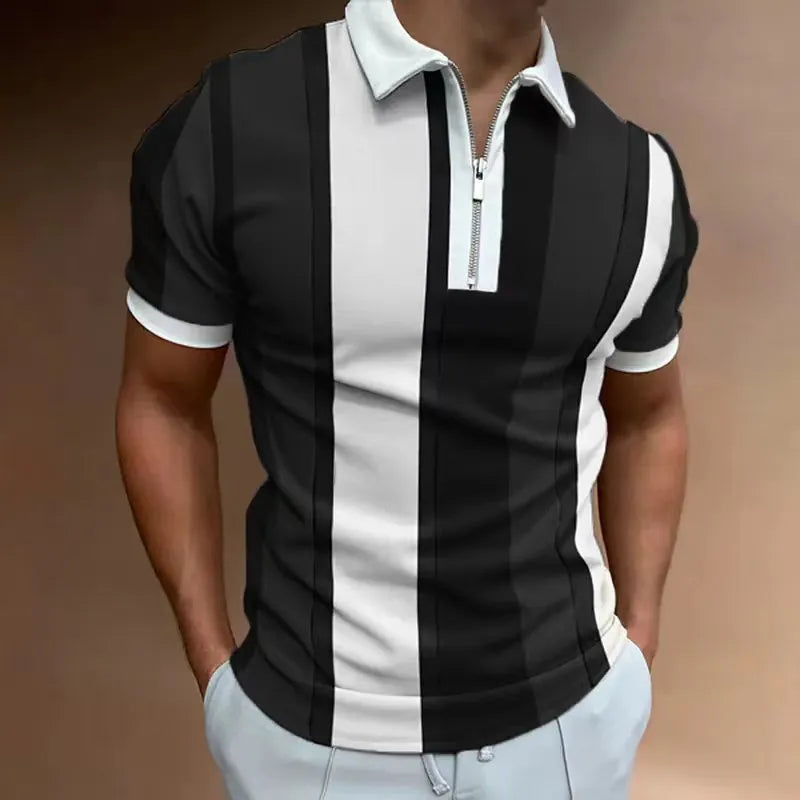 Men's striped short-sleeved polo shirt with slim lapel and zipper details, in multiple colours including white and army green
