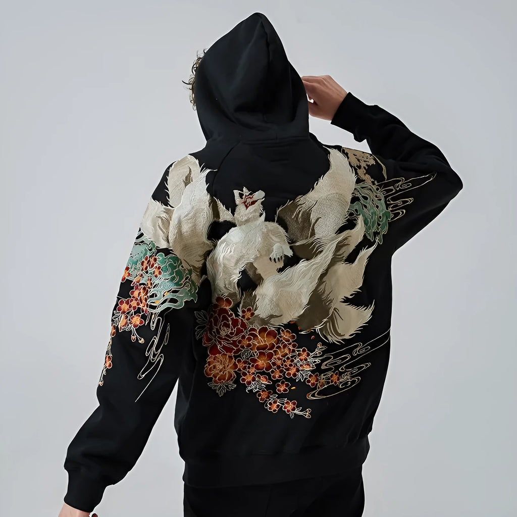 Men's black terry cloth hoodie with full width Chinese embroidery, front view, Asian sizing