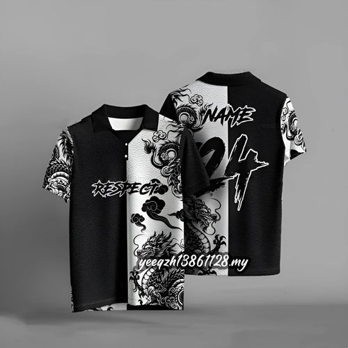 Black loose fit T-shirt with 3D digital printing design, short sleeves, polyester fabric