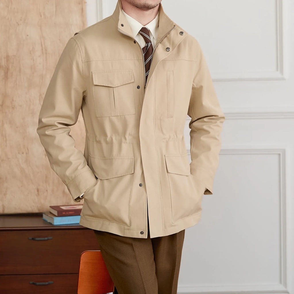 Men's stand collar casual jacket in army green with zipper and waist trimming, cotton lyocell blend
