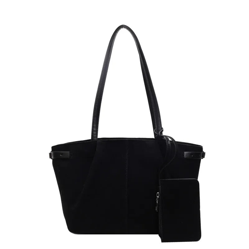 Suede casual commute handbag in brown, horizontal square shape, 36x12x21cm, with double shoulder straps and sewing line detail