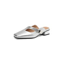 Square toe low heel outdoor slippers in black, beige, or silver colours.