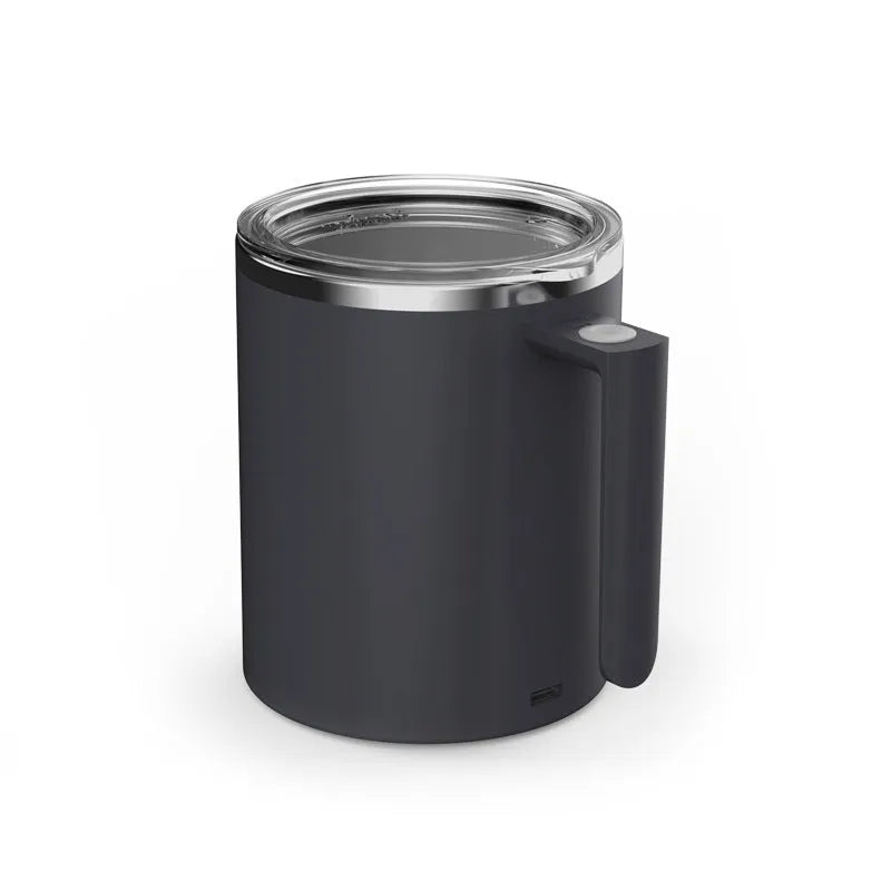 White automatic self-stirring coffee cup with magnetic base and power button.