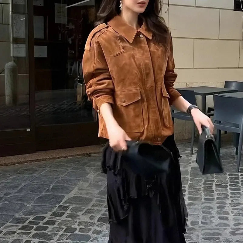 Women's bright brown polyester suede coat with regular sleeves, street chic style