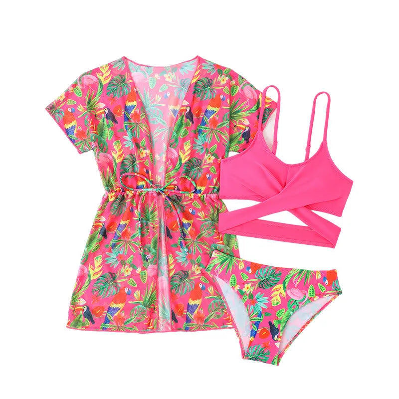 Girls' floral split overclothes bikini swimsuit set in polyester fabric