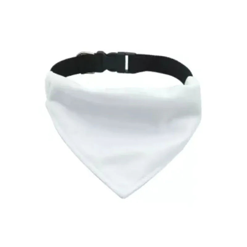 Blank white polyester dog scarf shown flat with dimensions for four size options available for thermal transfer customisation
