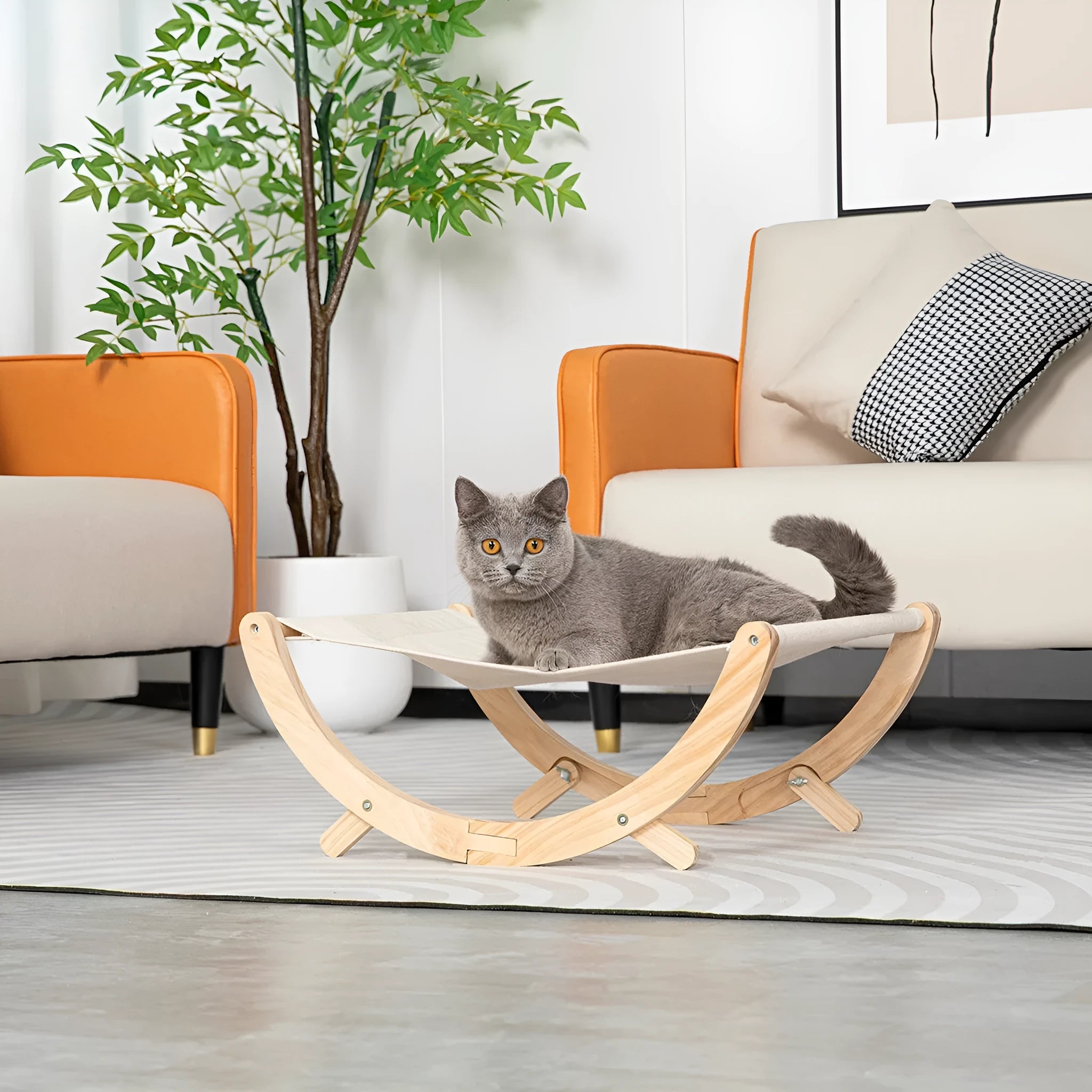 Solid wood frame foldable cat hammock with canvas fabric and grey plush cushion