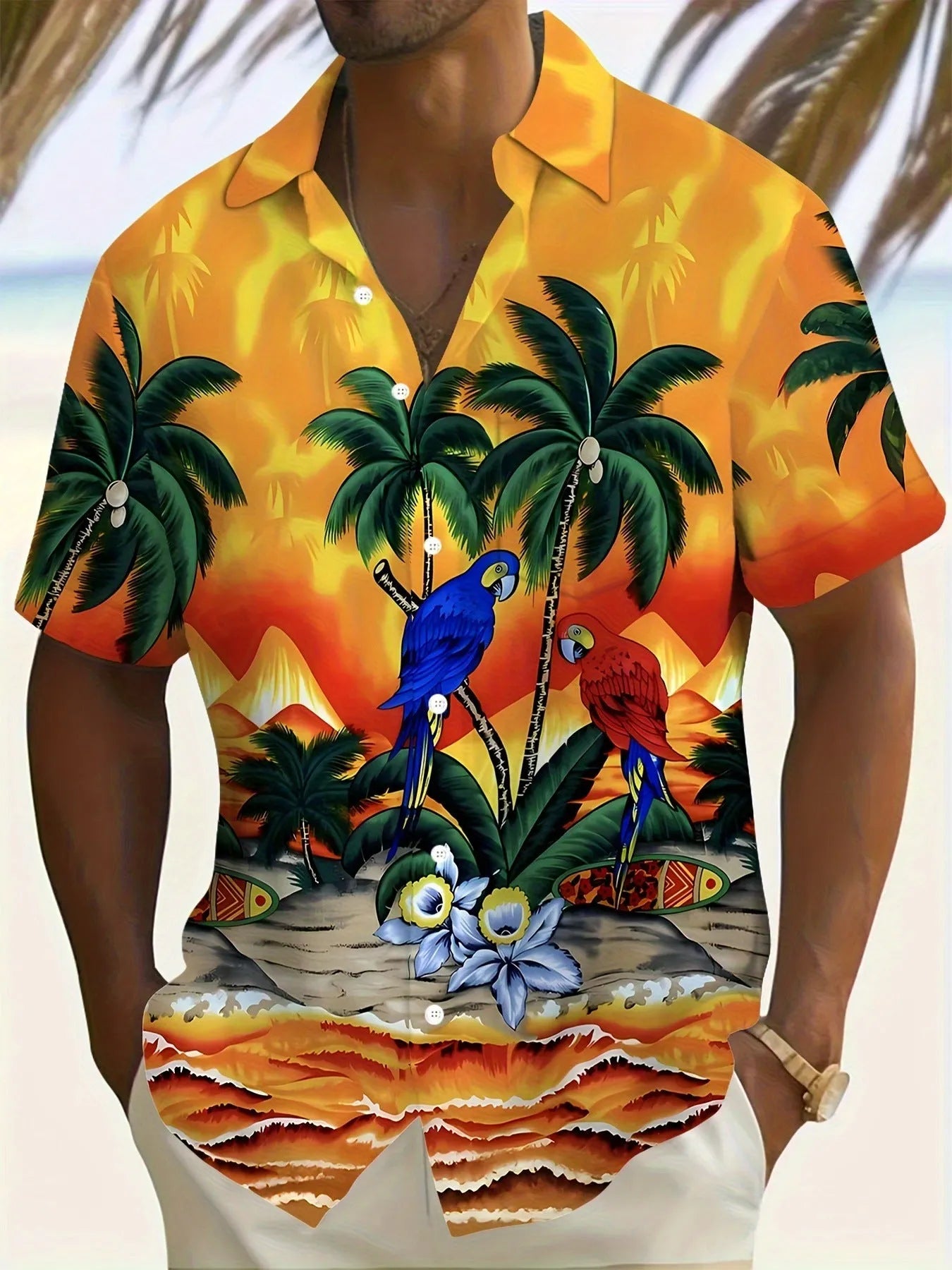 Man wearing a loose-fitting short sleeve shirt with a bold 3D floral print pattern.