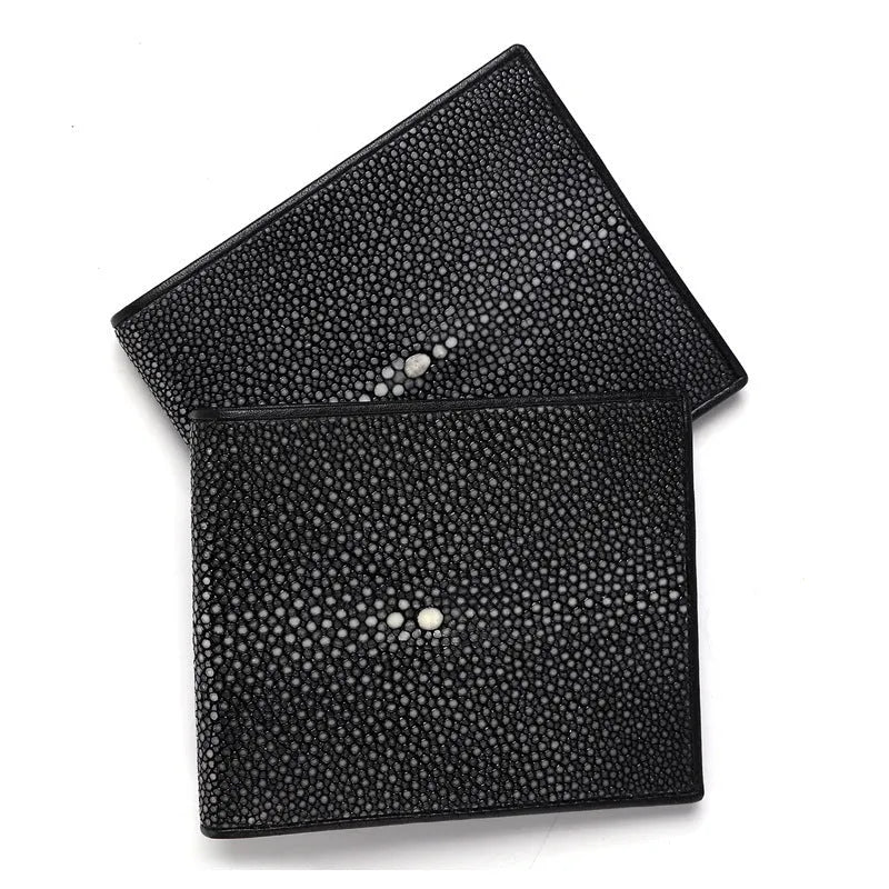 Pearl fishskin texture genuine leather wallet with horizontal square shape and sewing thread detail