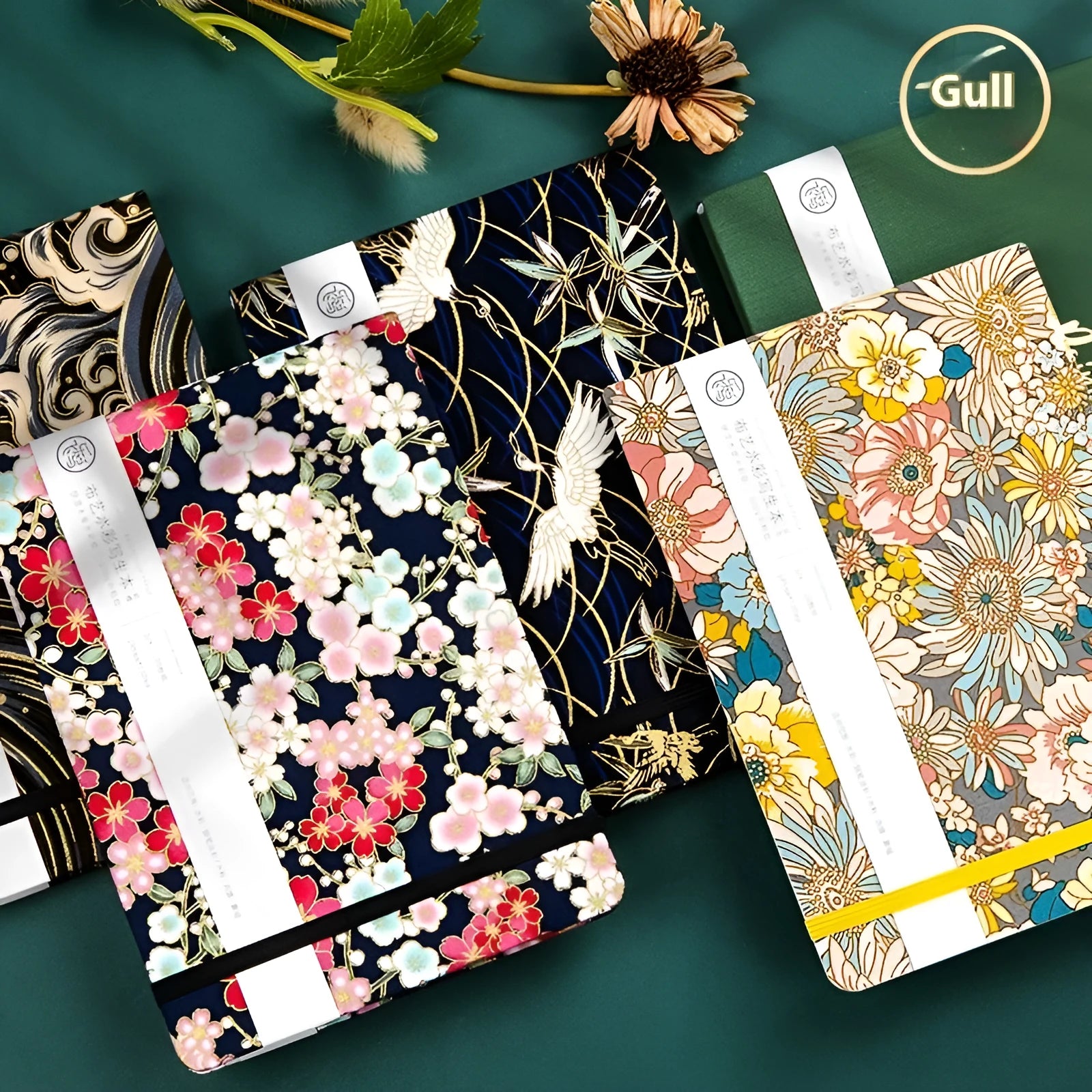 Feiluniao handmade fabric watercolour notebook open showing a painted sketch, with pine green cover.