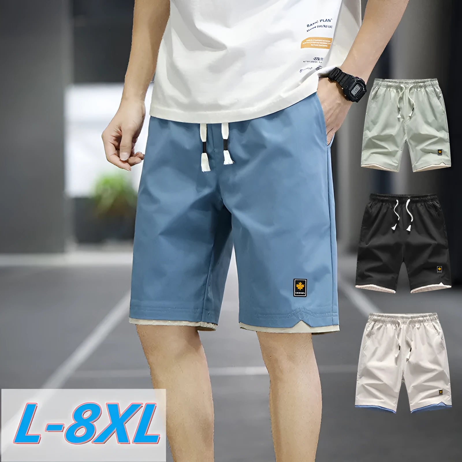 Casual polyester beach shorts with micro elasticity in Korean loose style, available in green, black, khaki and blue colours