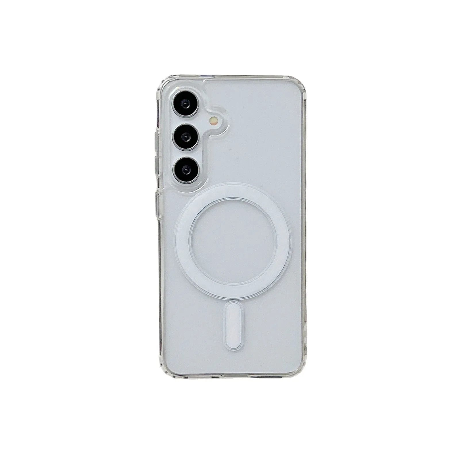 Transparent magnetic silicone phone case for Samsung Galaxy smartphones showing clear design