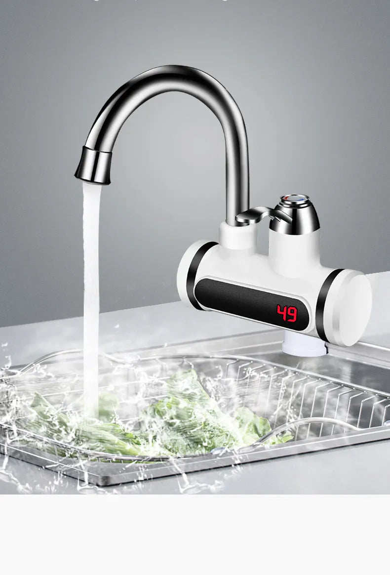 White 3000W kitchen electric water tap heater with digital temperature display and 10L capacity, fitted to a sink