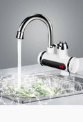 White 3000W kitchen electric water tap heater with digital temperature display and 10L capacity, fitted to a sink
