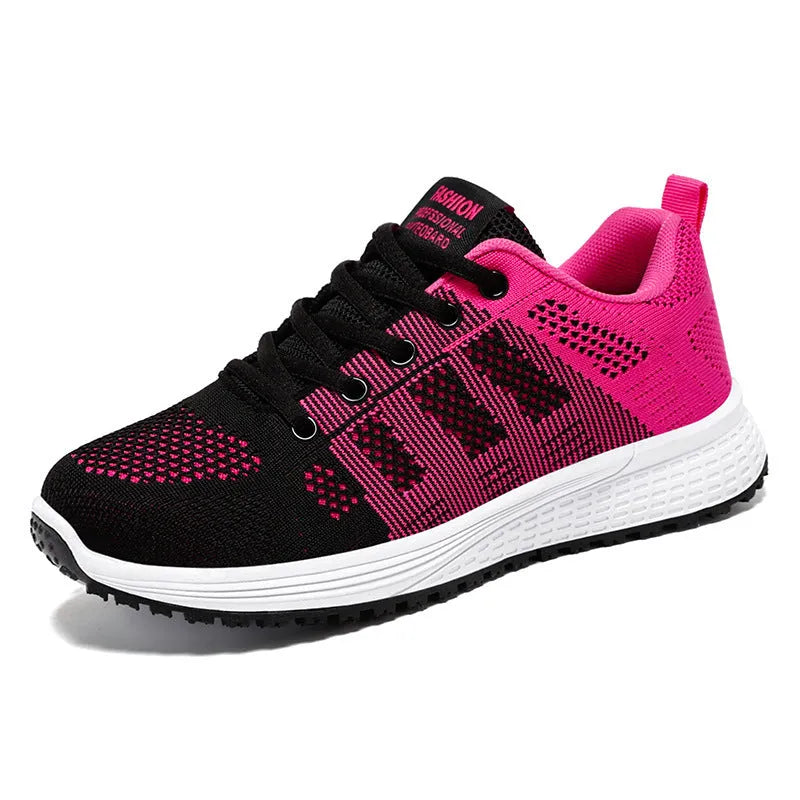 Women's Flyknit running shoes in black, rose red, and grey pink on a white background