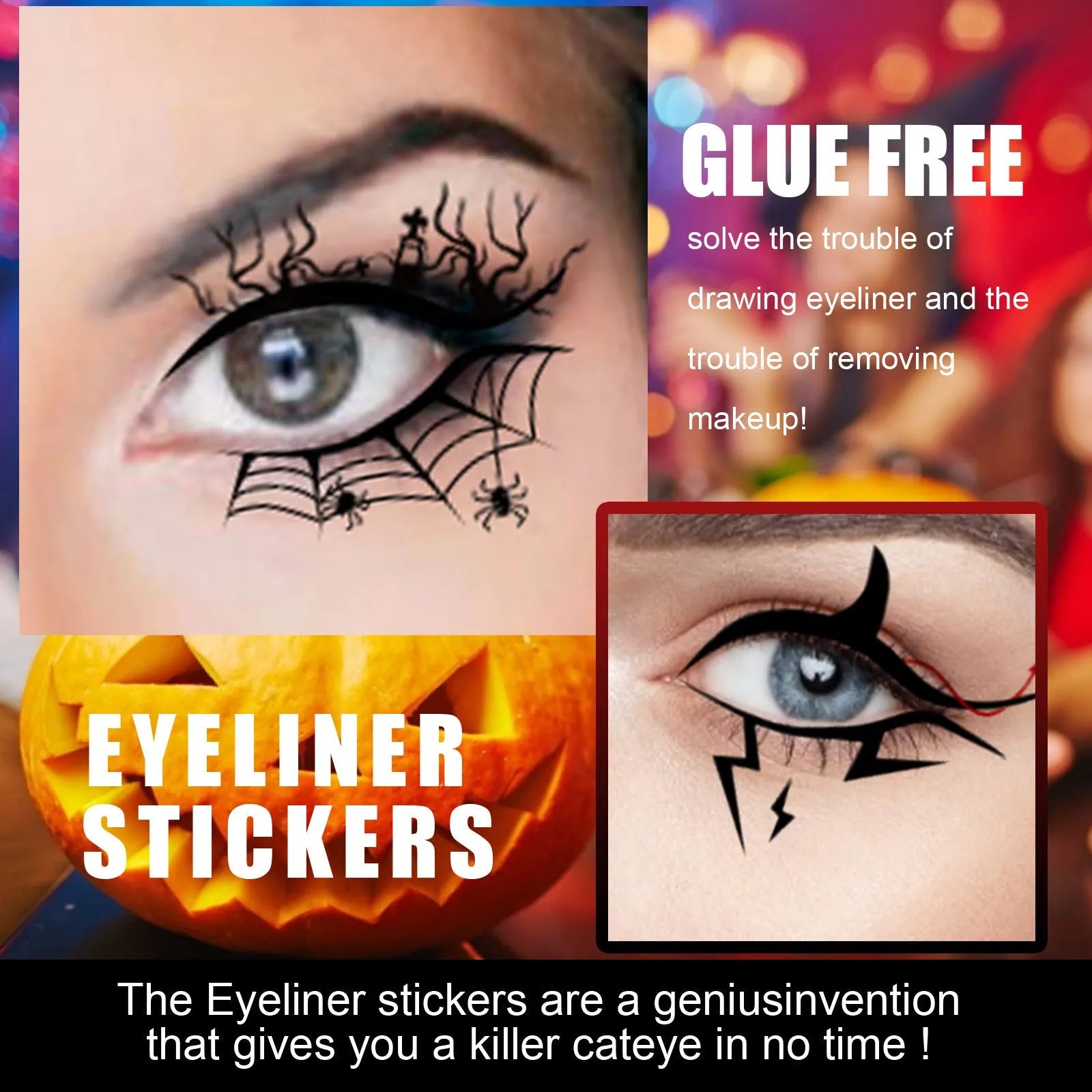 Halloween bat and spider decorative eyeliner stickers set with 8 pairs of temporary cosmetic accessories