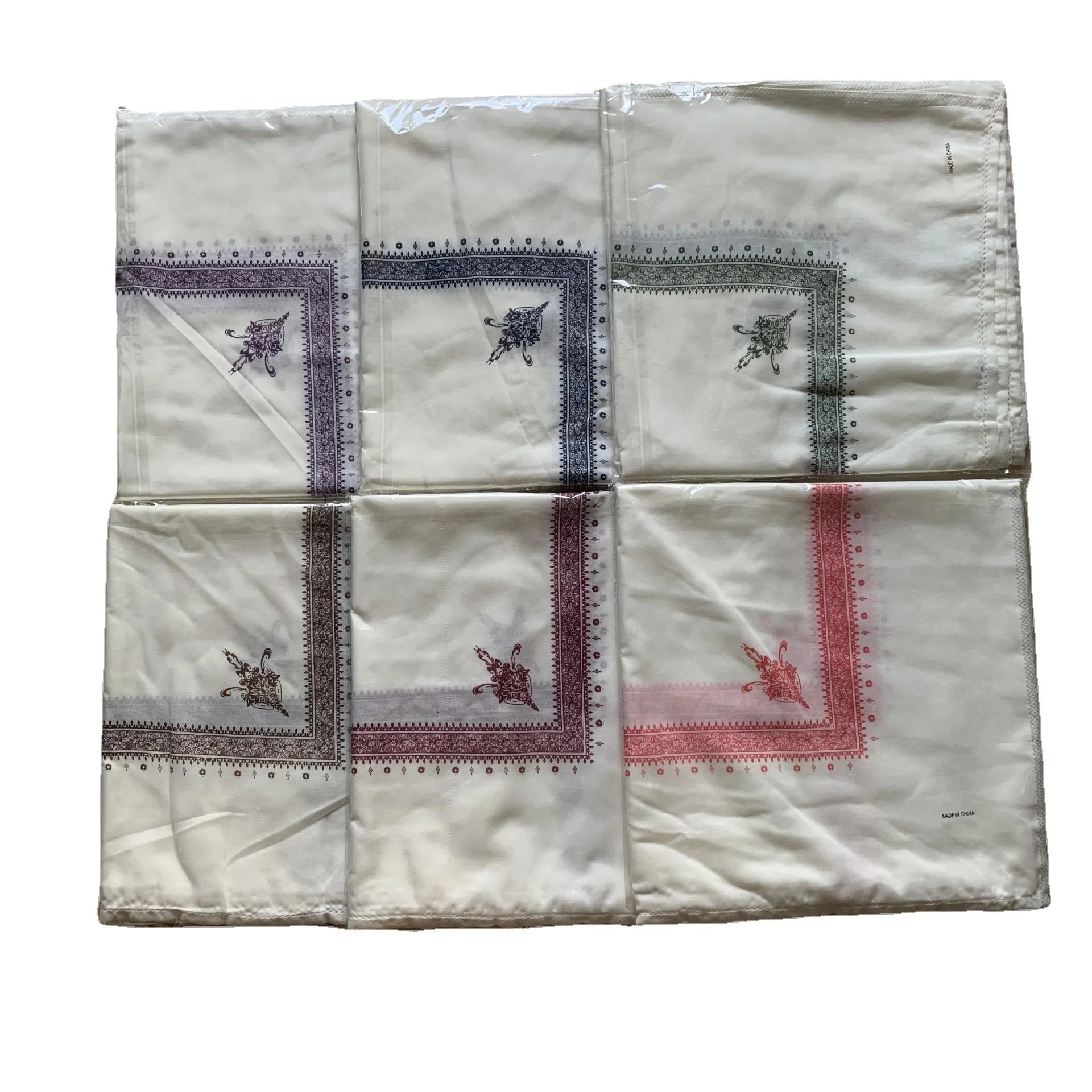 Printed polyester square scarf showing 138x138cm dimensions in assorted colours