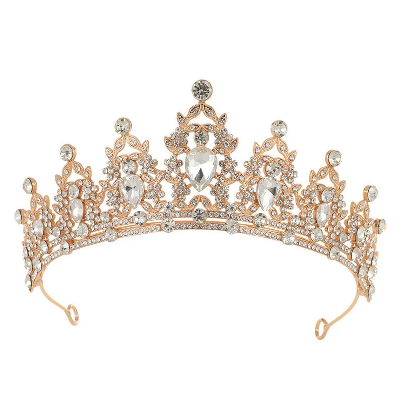 Baroque bridal crown headdress with rhinestones on an alloy frame in silver and gold colour options.