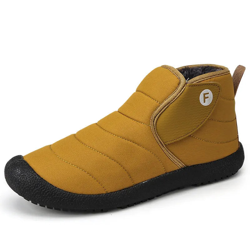 Men's waterproof cotton snow boots with plush lining and non-slip rubber sole in yellow.