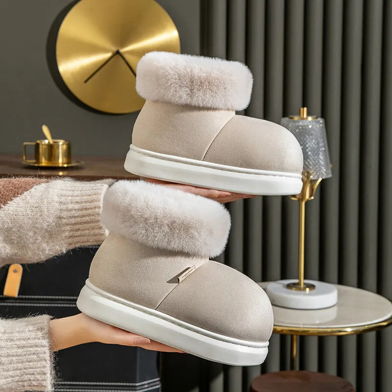 Women's plush winter snow boots with thick EVA sole, round toe, 3cm heel, in beige, green, khaki, pink, red