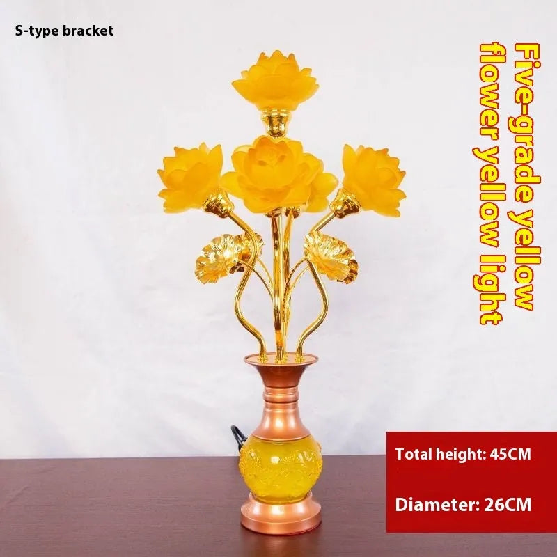 Coloured glaze pink and yellow LED lotus lantern for Buddha worship on an alloy stand.
