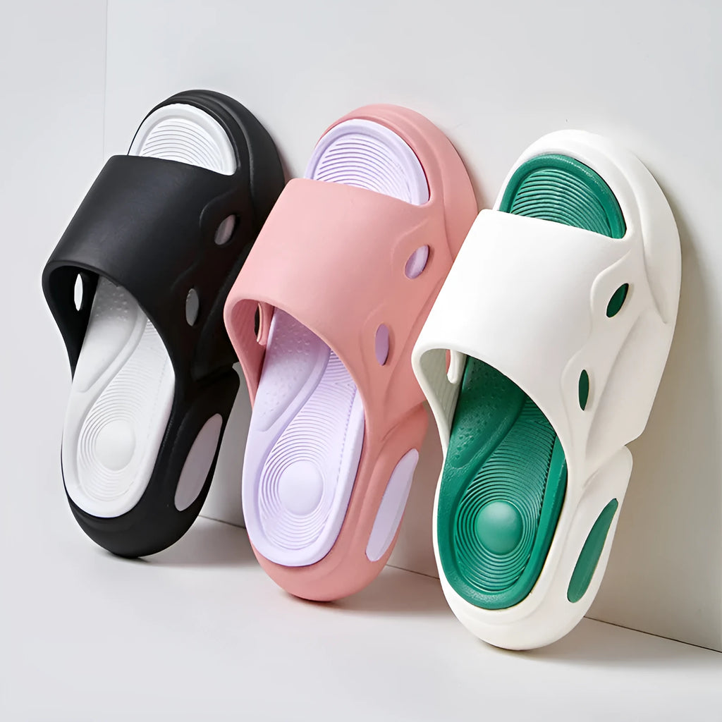 EVA slippers with leather lining in pink purple colour combination showing round toe shape