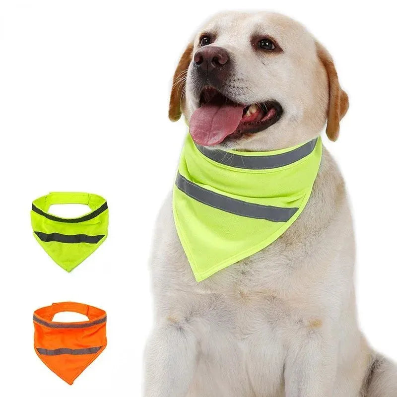 Yellow orange reflective dog bandana with adhesive strap shown on pet collar