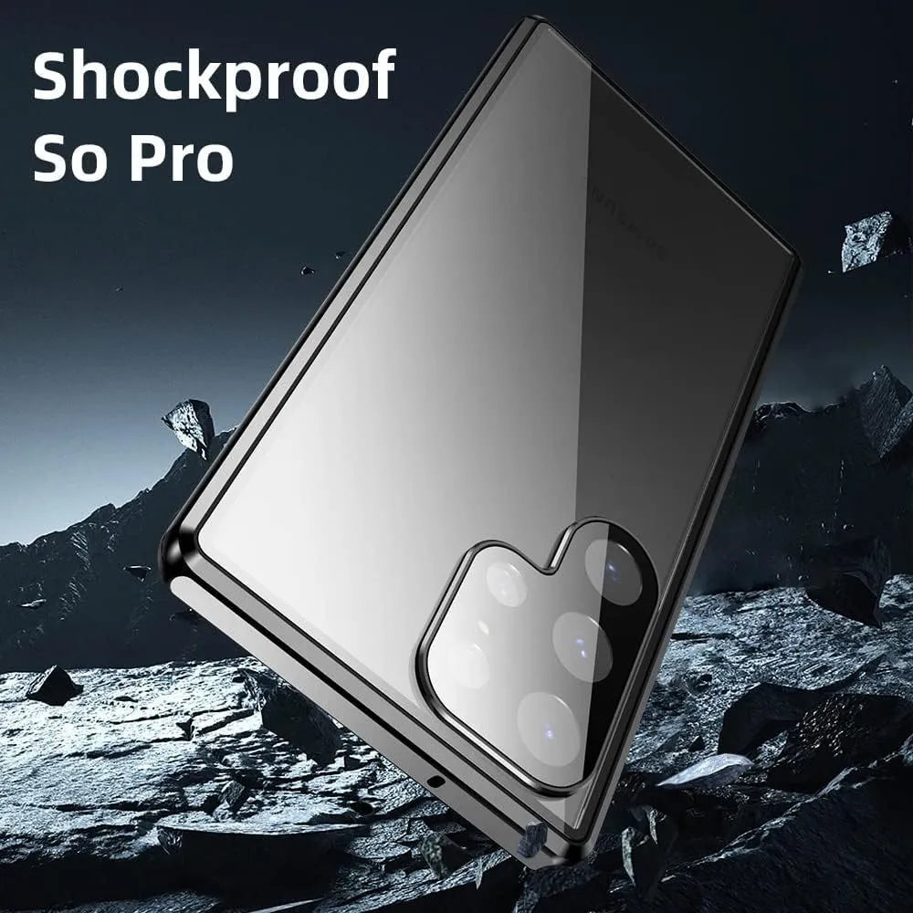 Glossy metal magnetic peep-proof phone case for Samsung with aluminium alloy glass construction and drop resistance