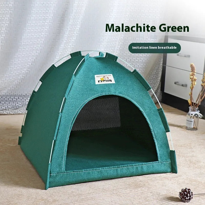 Grey removable-cover pet tent bed for cats and small dogs measuring 36cm.