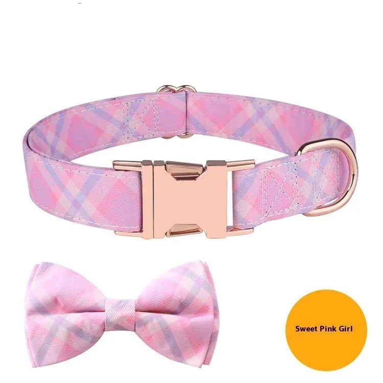 Rose gold buckle pet collar with bow decoration in multiple colour patterns