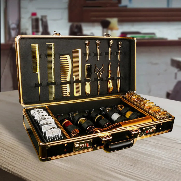 Black PVC hair tools storage suitcase with password lock and metal reinforced corners