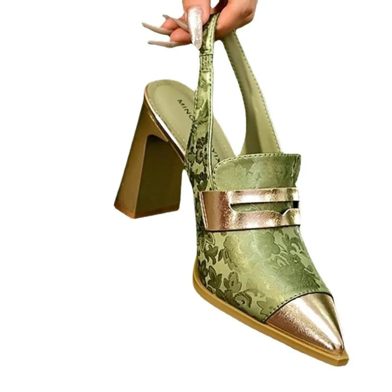 Korean style women's high heel sandals with chunky block heel, pointed toe, and elastic ankle strap in microfiber.