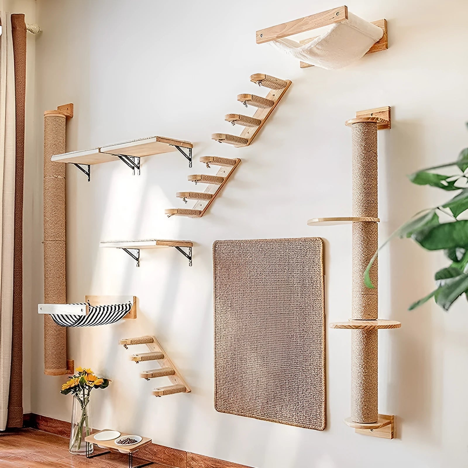 Khaki coloured wooden cat climbing frame mounted on wall with hanging jumping platform