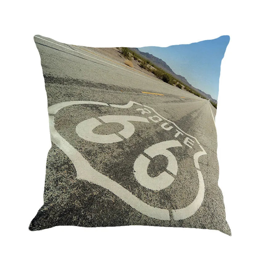 Route 66 landscape printed linen blend cushion cover for car or sofa, 45x45cm.