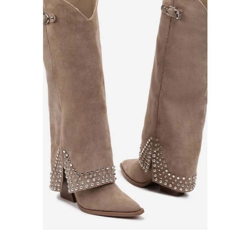 Women's frosted rivet pantyhose boots in ankle style with suede upper