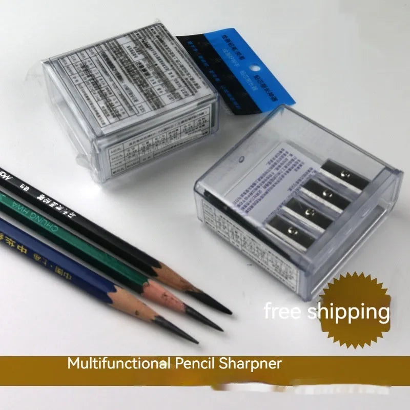 Geometric plastic pencil sharpener with four different sized sharpening holes.