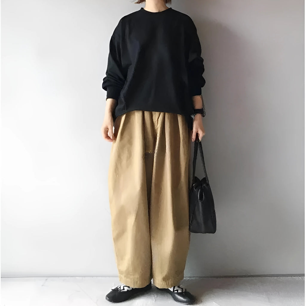 Lantern sleeve loose round neck sweater and wide leg cropped pants two-piece set for women in polyester fibre