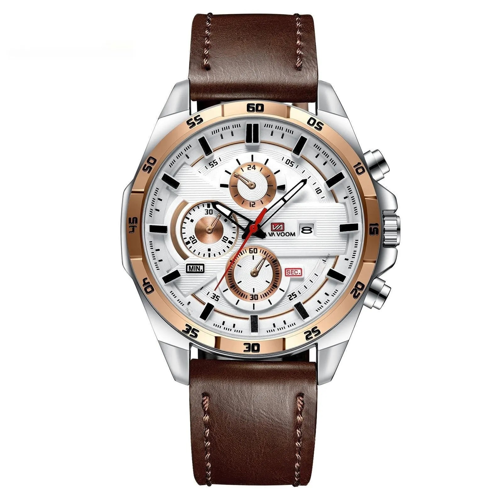 Men's black leather strap watch with rose gold case and calendar window on dial.