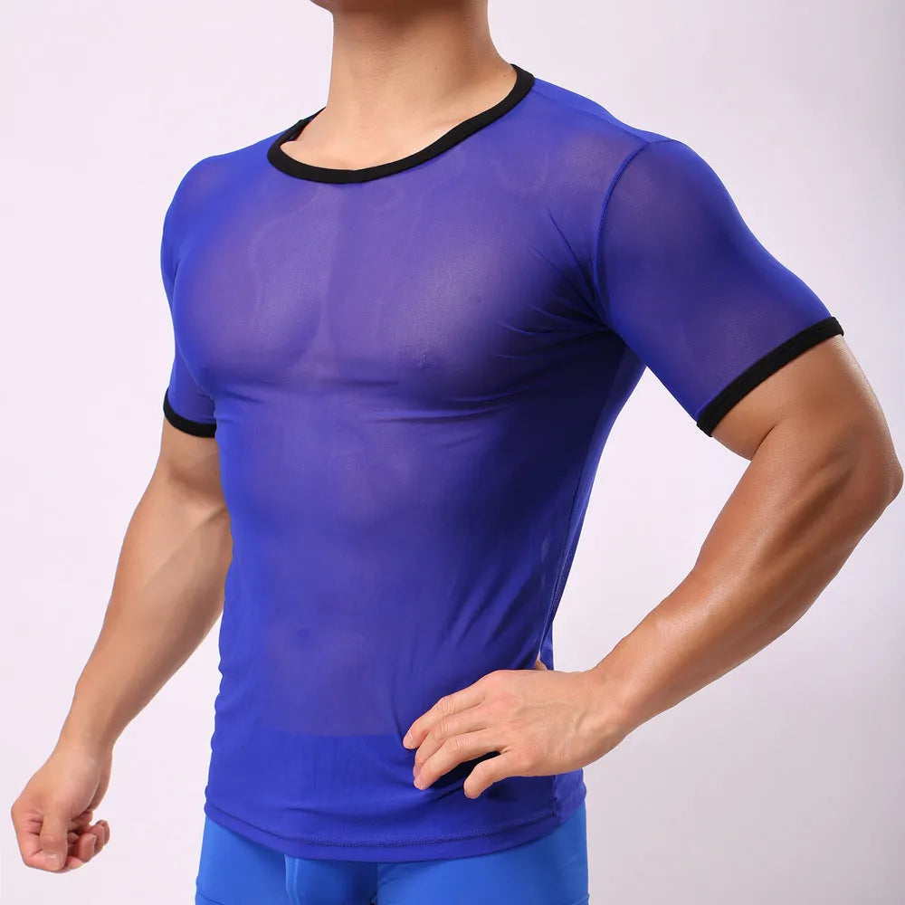 Men's slim fit mesh transparent t-shirt in solid colour on a model.
