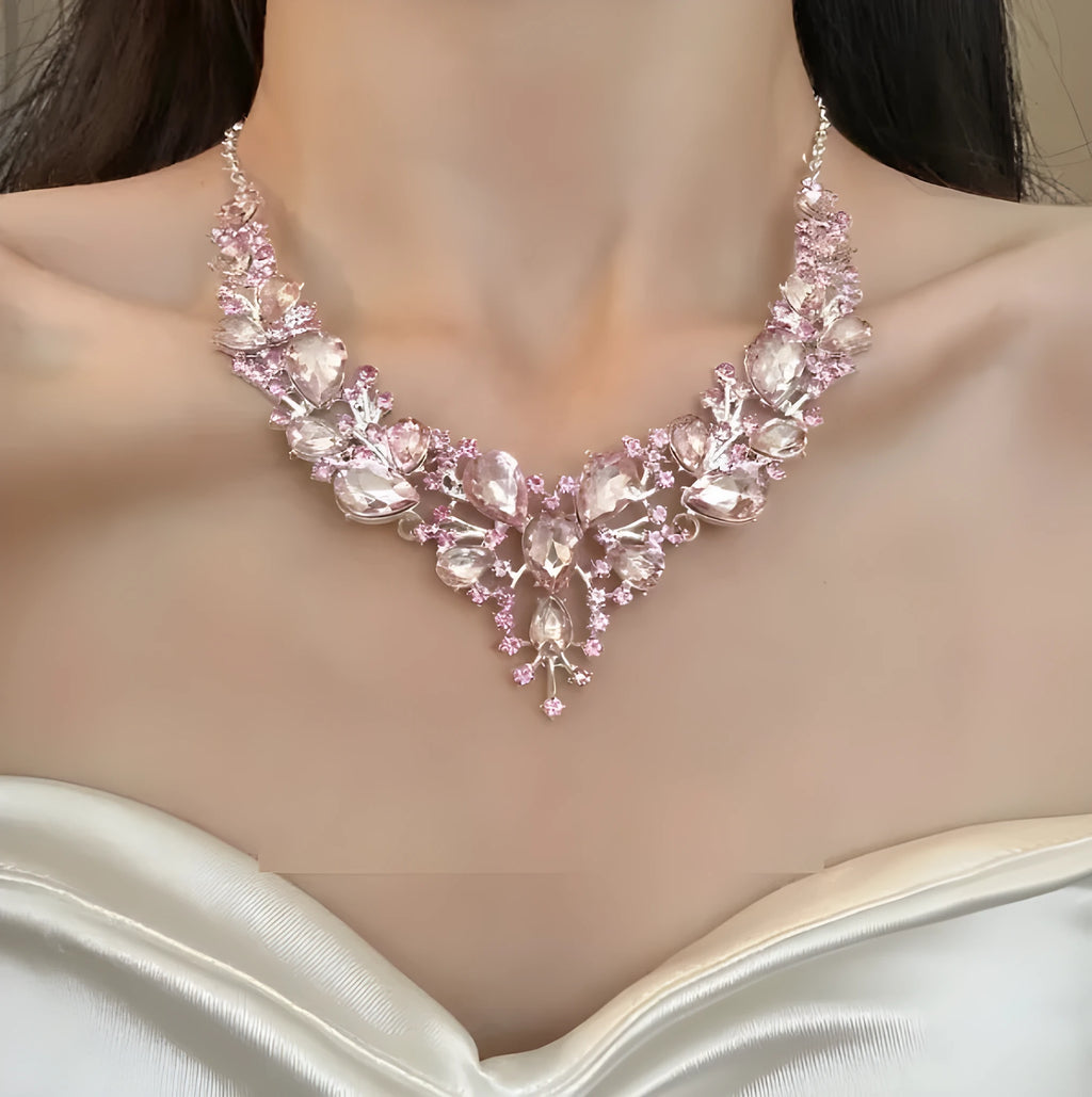 Pink rhinestone flower pendant necklace on alloy ball bead chain with 31-40cm adjustable link