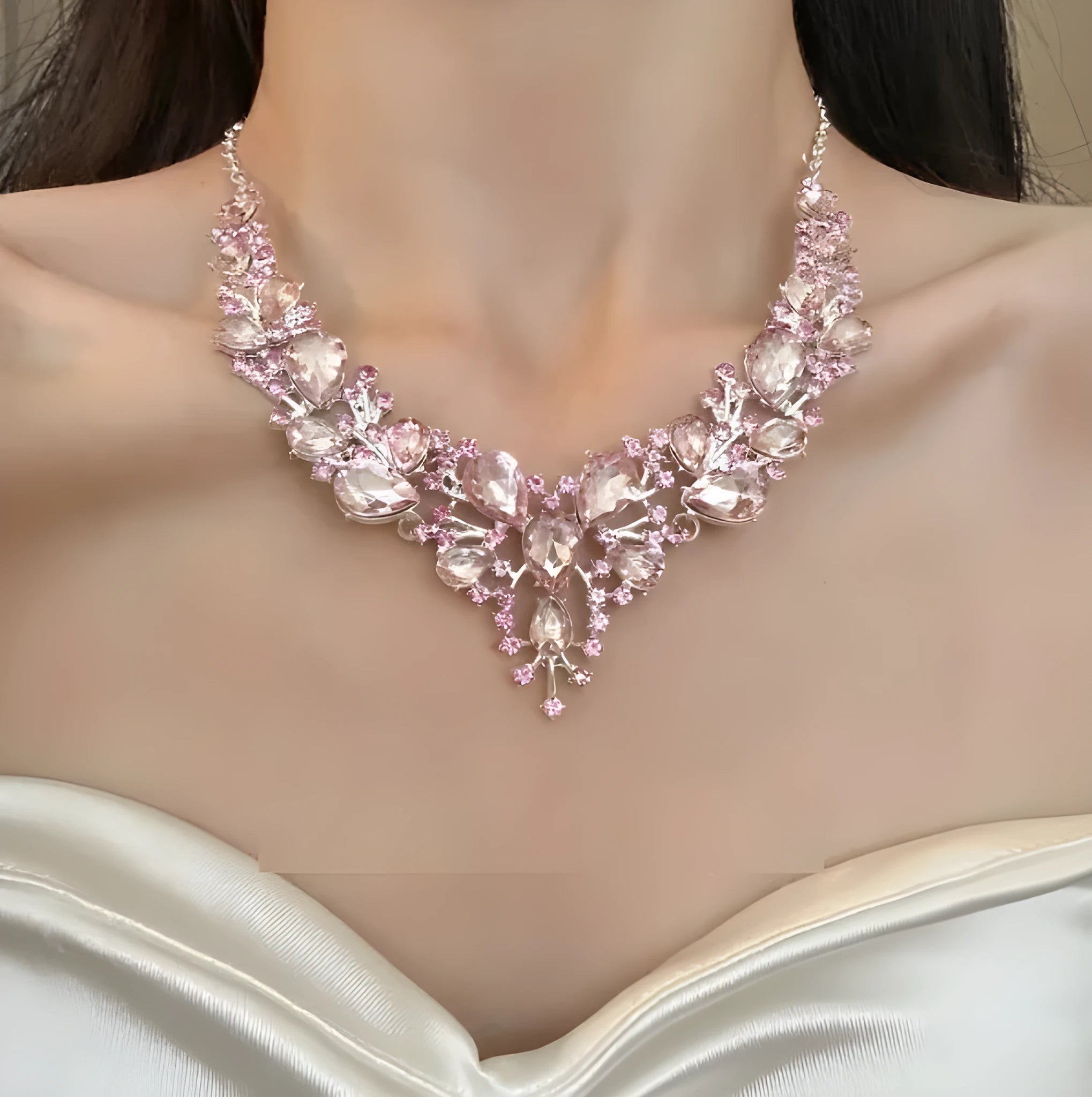 Pink rhinestone flower pendant necklace on alloy ball bead chain with 31-40cm adjustable link